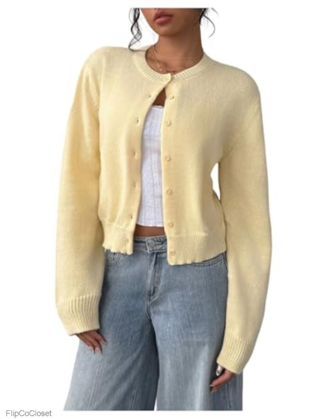 Plus Size Cropped Cardigan Sweater Button Up Soft Knit Crewneck Long Sleeve